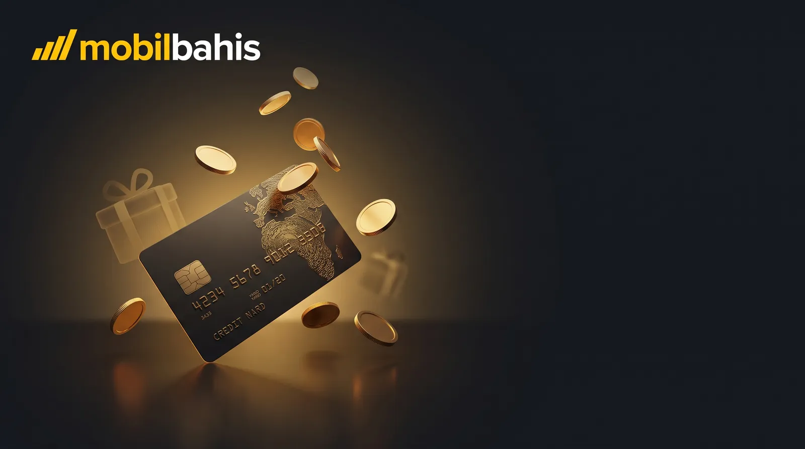 Mobilbahis logosu, banka kartı ve altın jetonlar